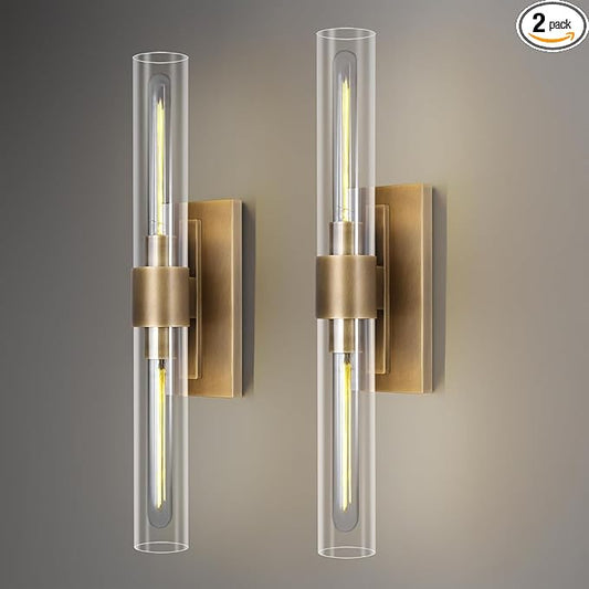 Brass Wall Sconces, 22.8" Bathroom Wall Sconce, Antique Brass Wall Sconces Set of 2, 2-Light Dimmable Wall Sconce, Sconces Wall Lighting With Glass, Bathroom Vanity Light, Tube Sconce for Living Room
