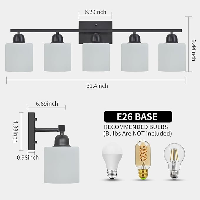 5-Light Black Bathroom Vanity Light, Black Vanity Light with Milky White Frosted Glass Shades, Modern Vanity Light Fixture for Bathroom Mirror, Bedroom, Living Room, Hallway, Vanity Table, E26 Base