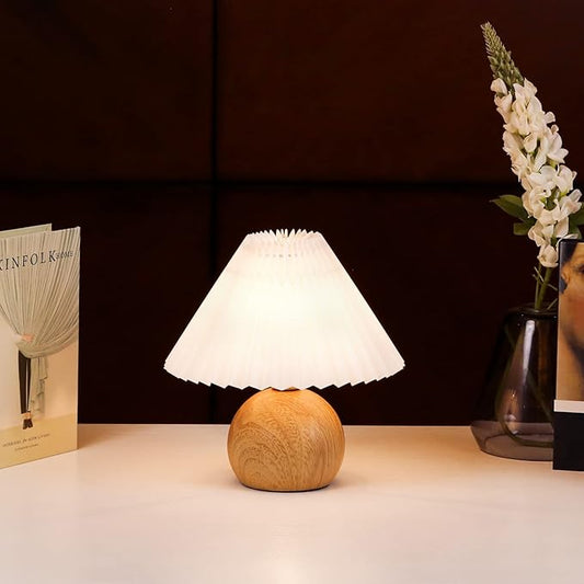 KUNJOULAM Small Pleated Table Lamp, Modern Bedside Nightstand Lamp with Beige Lampshade, Metal Base Cute Lamp for Bedroom, Living Room, Kids Room, Dorm with E12 Bulb