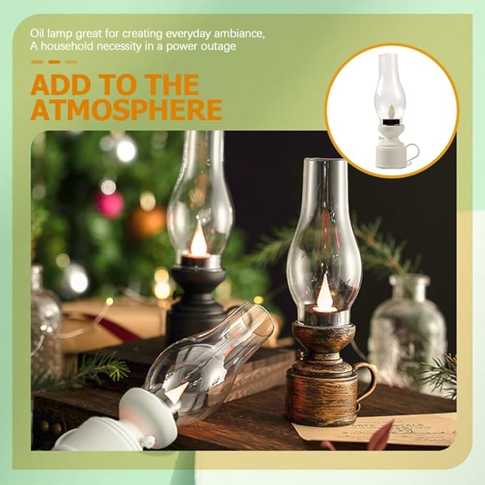 Zerodeko Kerosene Lamp Vintage Flameless Table Lamp Led Kerosene Lantern Clear Hurricane Lamp Battery Operated Nightstand for Bedroom Living Room White