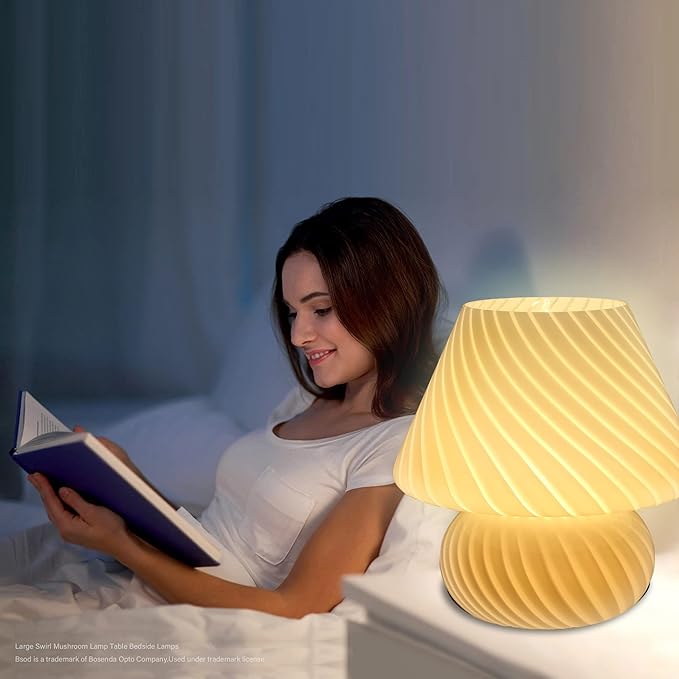 BSOD Swirl Mushroom Lamp, Vintage Bedside Table Lamps 9.9" Striped White Translucent Murano Glass Big Mushroom Decor Night Light for Desk, Bedroom, Nightstand, Home Office, Birthday Gifts...