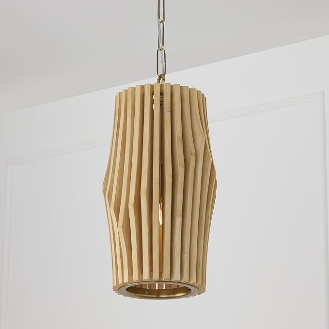 Capital Lighting 344613BWB Archer Modern Artisan-Crafted Mango Wood Mini Pendant Ceiling Light Fixture, 1-Light 100 Watt, 17" H x 9" W, Blonde Wood and Matte Brass