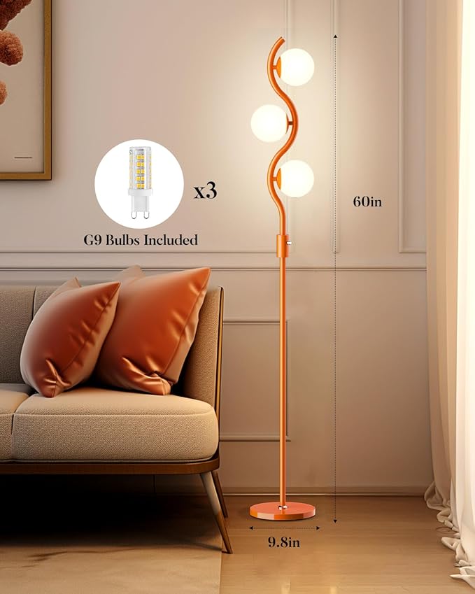 Lightdot 3-Globe Dimmable Floor Lamp Orange Mid Century Modern Standing Lamp with 3PCS 3000K Bulbs Included Stepless Brightness Adjustable Stable Base for Living Room/Bedroom/Sofa Beside/Corner Decor