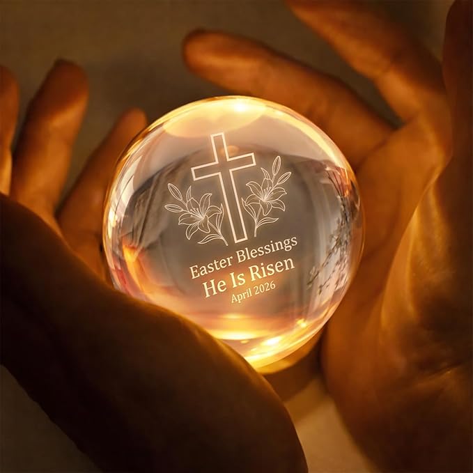 Christian Easter Cross Crystal Ball LED Night Light, He is Risen Engraved Glass Globe Lamp with Wooden Base, Faith Hope Love Religious Easter Blessing Gift April 2026 Decor