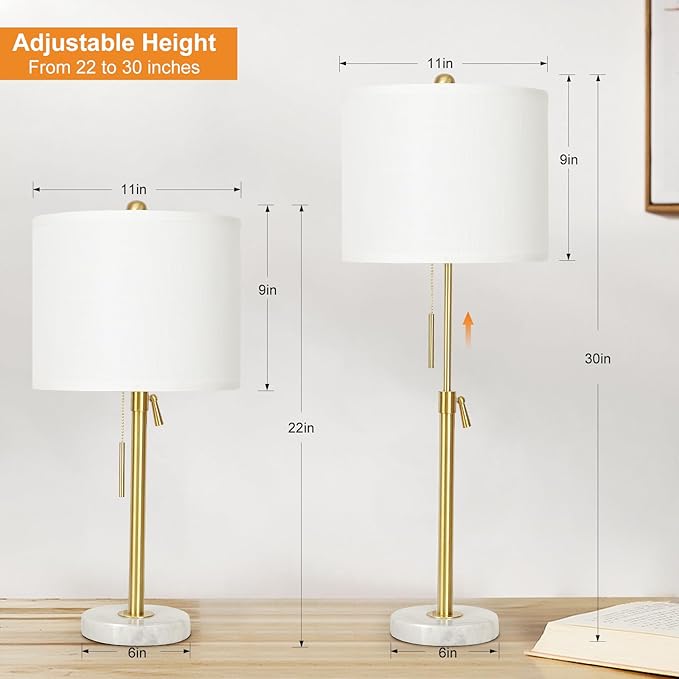 Gold Table Lamp Set of 2, 22-30" Height Adjustable Modern Nightstand Lamps with Marble Base and Pull Chain Switch for Living Room Bedroom, Office, Bedside Table, Farmhouse