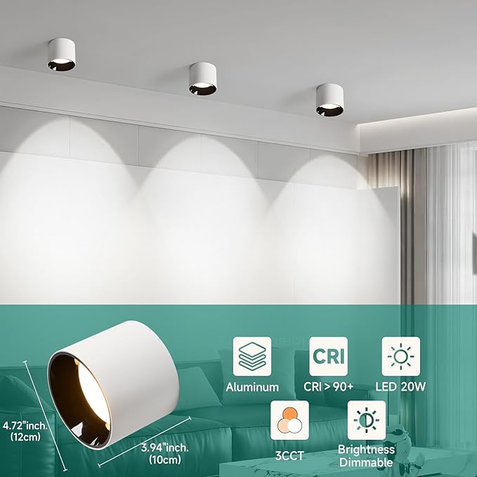 3Pack Modern LED Flush Mount Ceiling Light Fixture, 20W Dimmable & 3000K-6000K 3 Color Selectable White Cylinder Ceiling Lamps for Low Profile Living Room Hallway Entryway Kitchen Dining Room Foyer