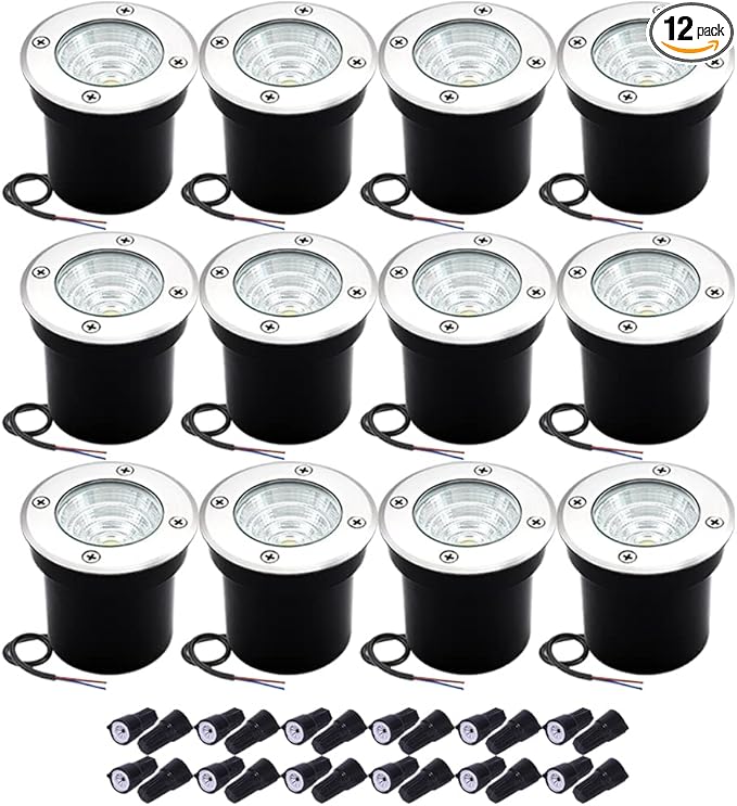 12Pack Well Lights LED Low Voltage Landscape Lights, Outdoor In Ground Light 12V-24V 5W Warm White 3000K, IP65 Waterproof Up Lighting for Pathway, Driveway, Deck, Garden, with Wire Connectors