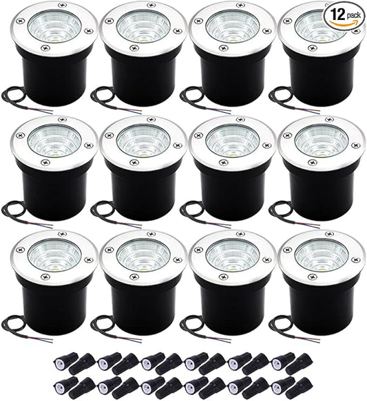 12Pack Well Lights LED Low Voltage Landscape Lights, Outdoor In Ground Light 12V-24V 5W Warm White 3000K, IP65 Waterproof Up Lighting for Pathway, Driveway, Deck, Garden, with Wire Connectors