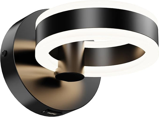 Wall Lamp LED Wall Sconce Rotatable Up-Down Sconces Wall Lighting with Built-in Switch and USB Charging Port 110 Volt AC Hardwired Wall Light (Black)