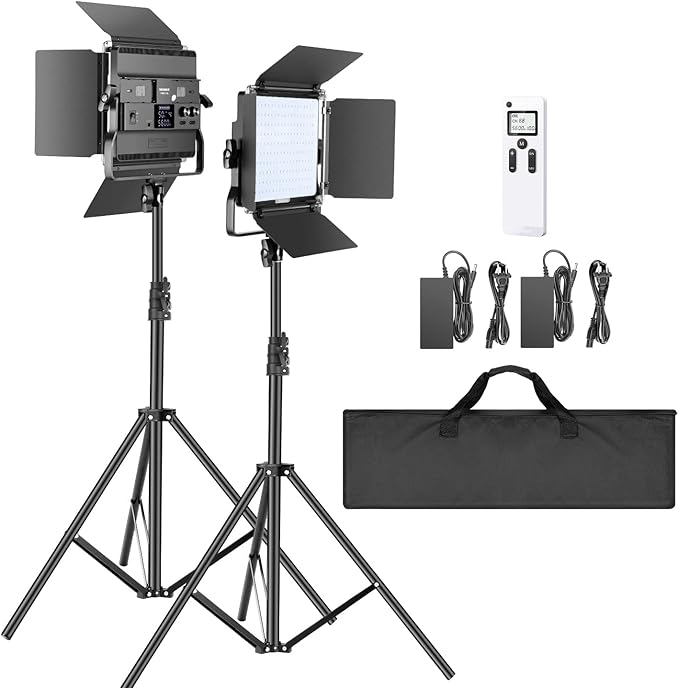 Neewer 2-Pack 2.4G LED Video Light with 2M Stand Bi-Color 200 SMD CRI 96+/U-Bracket/Barndoor/LCD Display Video Lighting Kit for Studio Photography, Remote/Case Included