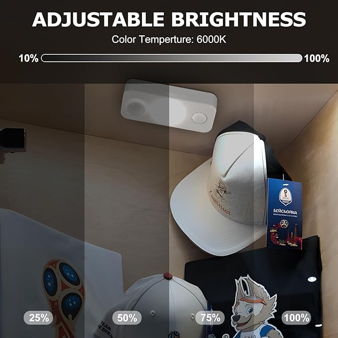 LED Motion Sensor Puck Lights, Rechargeable Cabinet Lights, Stick on Wireless LED Night Light for Closet, Drawer, Shelf, Under Cabinet, Daylight White 6Pack, USB Charging Cord Included
