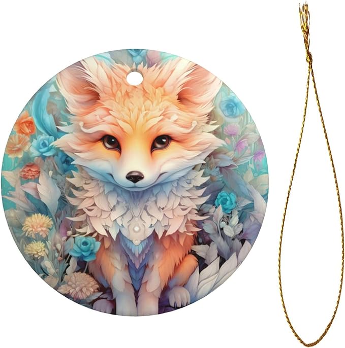Cute Animal Fox Flowers Christmas Ornaments, Christmas Decorations Xmas Tree Hanging Ornaments, Round Ceramic Festive Keepsake Gift for Christmas Decorations Holiday Home Party Decors