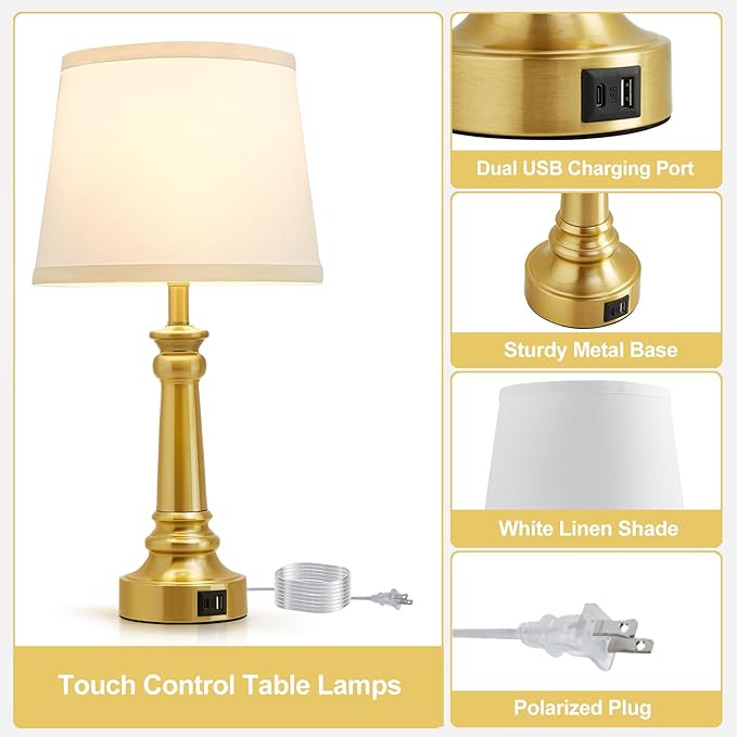 Touch Lamps for Nightstand Set of 2 - Gold Table Lamp for Bedroom 3 Way Dimmable Bedside Lamps with USB C+A Ports - Lamps for Night Stands Living Room End Table,2 LED Bulbs Included