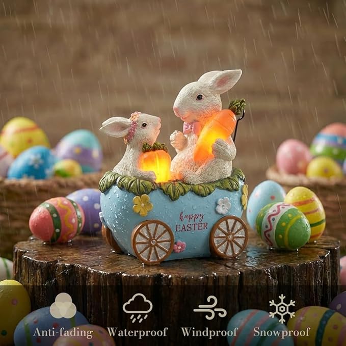 TERESA'S COLLECTIONS Easter Decorations Outdoor with Solar Lights, Easter Bunny and Egg Decor Outdoor, Waterproof Resin Lighted Garden Statue