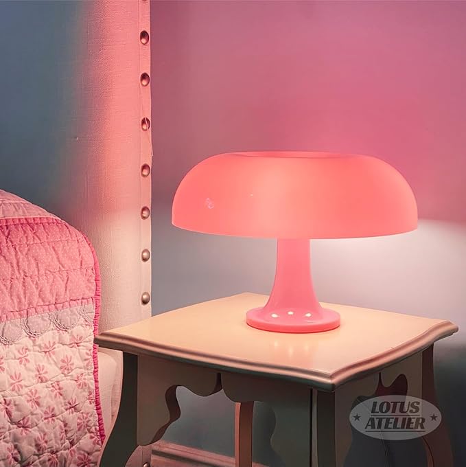 Lotus Atelier Light Pink Mushroom Lamp for Room | Aesthetic Modern Lighting for Bedroom Retro Pink Room Decor Midcentury Lamp