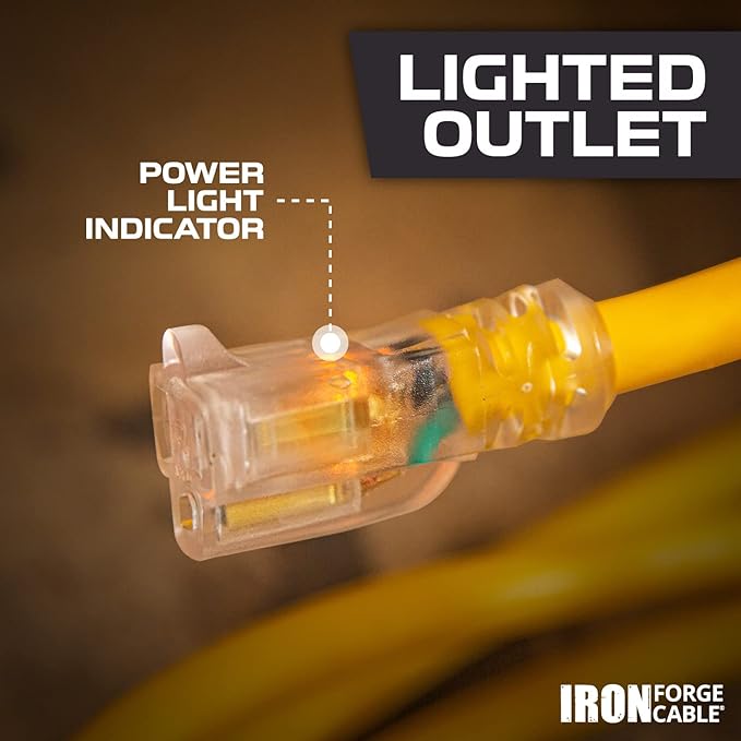 Iron Forge Cable Outdoor Extension Cord 50 Ft - 10 Gauge Heavy Duty Extension Cord, 15 AMP, 10/3 Yellow Power Cable SJTW Weatherproof with 3 Prong