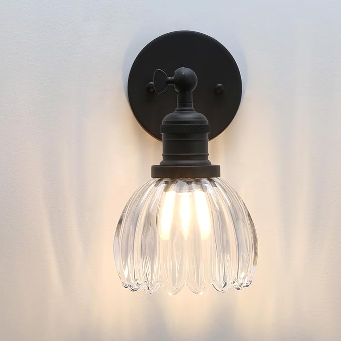 Pathson Adjustable Wall Sconce Lamp with Tulip Thick Glass, Hardwired Bathroom Sconce Matte Black Wall Vanity Light Fixture for Living Room Farmhouse Bedside Lighting