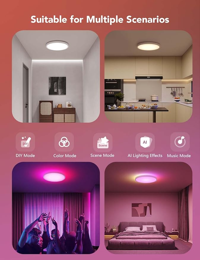 Govee Smart Ceiling Light, RGBIC LED Ceiling Light Fixture, 2400LM Flush Mount Light Fixture, DIY Colors, Works with Alexa, 2200K-6500K Lights for Bedroom, Living Room,12 Inch, 1 Pack (White)