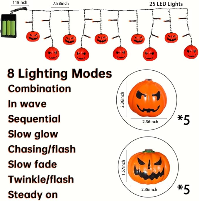 6FT 25LED Halloween Pumpkin Icicle Light, Decorative String Light with 10 Pumpkins, 8 Lighting Modes, Battery Operated, Indoor Outdoor Holiday