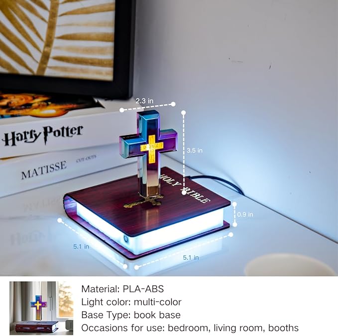 MOOCCI Levitating Cross Lamp Magnetic Floating Bible Night Light Colorful Levitation Cross Ornament with Glowing Base for Home Desk Table Decoration