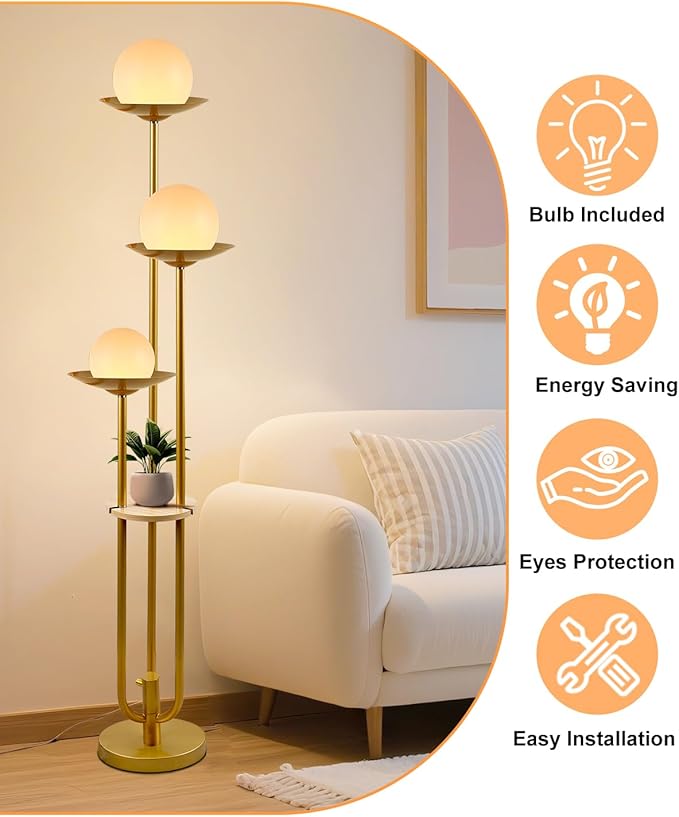 Lightdot 63IN Globe Floor Lamp with Shelf 3-Lights Modern Gold Dimmable Floor Lamps with Bulbs Included for Wedding/Party, Tall Standing Lamp for Living Room/Bedroom/Sofa Beside/Corner Decor
