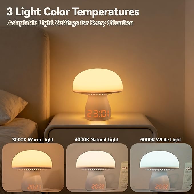 Mushroom Lamp with Clock, Cute Touch Bedside Table Lamps for Bedroom Living Room Decor, Small Portable Wireless Desk Lamp for Nightstand, Rechargeable Mushroom Night Light for Kids Adults (Model A)