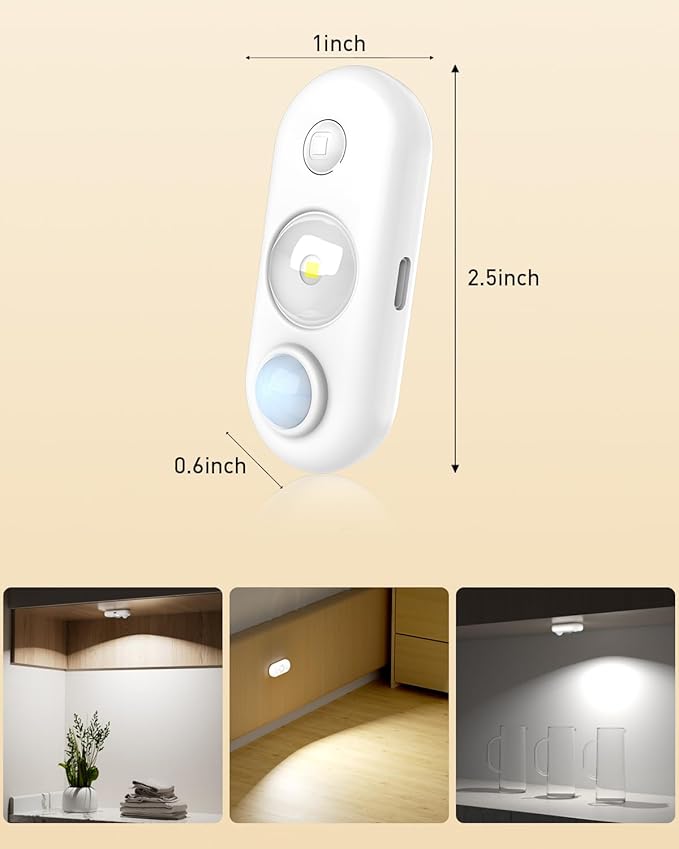 SZOKLED Motion Sensor Puck Lights, Rechargeable Under Cabinet Lights, Stick on LED Night Light for Closet, Drawer, Shelf, White 4Pack, USB Charging Cord Included