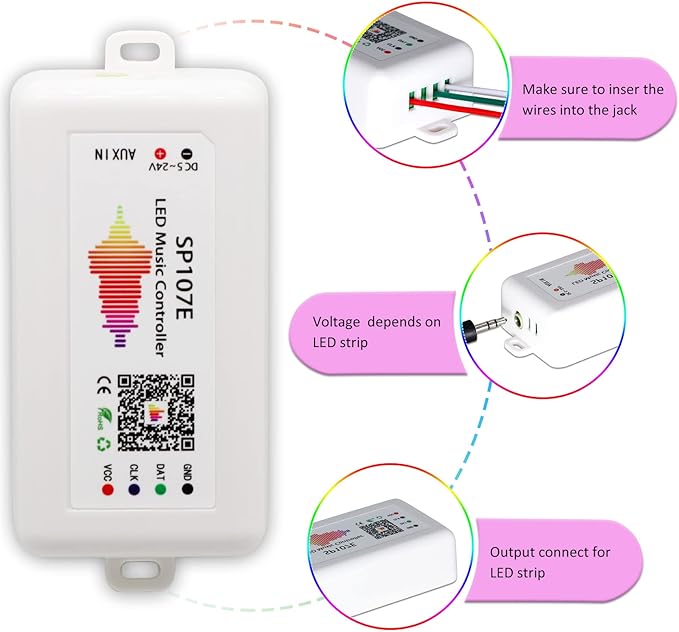 SP107e LED Controller, Music-Sync RGB Pixel Controller for WS2812b/Ws2811/SK6812 LED Strips & Screen Lighting, APP-Controlled Smart System with Real-Time Audio Effects