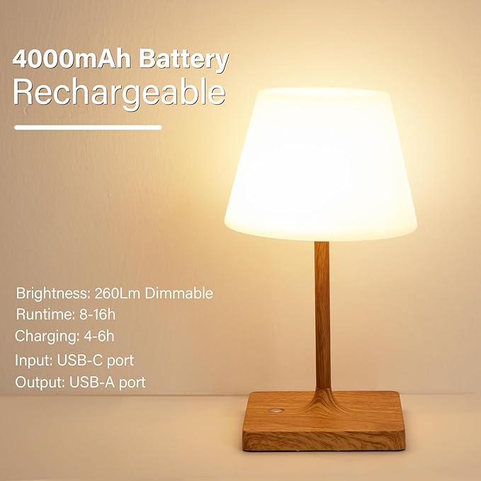 Cordless Table Lamp Waterproof,4000mAh Battery Rechargeable Desk Lamp for Indoor & Outdoor Use,3 Color-temps & Dimmable LED Night Light for Shower Bedroom Restaurant Bathroom Home 10.8"H- Wood Grain