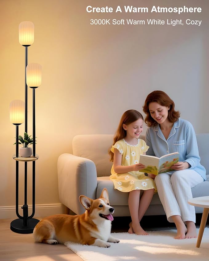 Floor Lamp for Living Room, Dimmable Vintage Floor Lamp with Shelf & LED Bulbs, 3 Light 3000K Soft Warmwhite Mid Century Standing Lamp, Tall Lamps for Bedroom Office