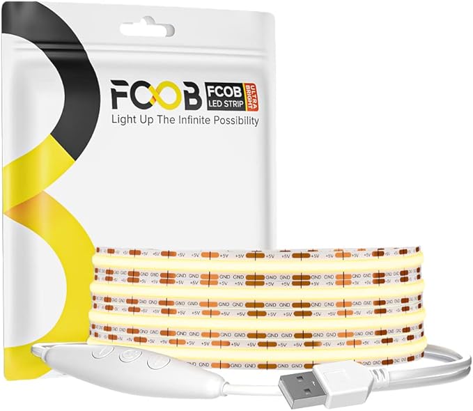 USB LED Light Strip 6.56FT, 5 Volt USB Powered Dimmable COB LED Tape Lights, 3000K Warm White 8mm High Density Flexible Strips CRI90+ for TV Backlight Under Cabinet Lighting Bedroom Kitchen