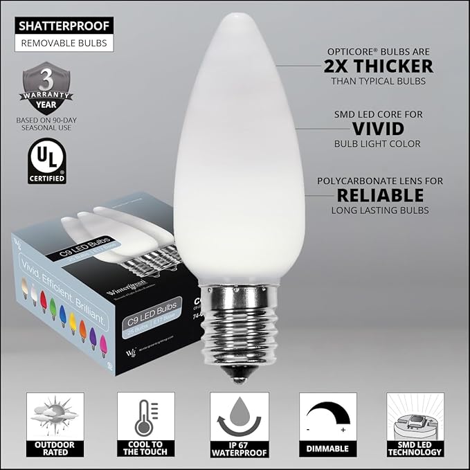 Wintergreen Lighting 25 C9 OptiCore LED Commercial Outdoor Christmas Lights – Heavy Duty Christmas String Lights; Green Wire (25 ft, Cool White Smooth/Opaque)