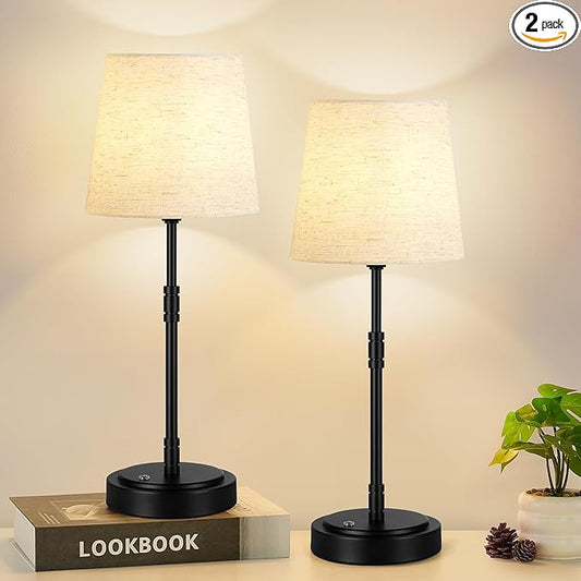 Cordless Table Lamps Set of 2 – Battery Operated Lamp with 7500mAh Rechargeable Battery, Stepless Dimmable Black Lamps with Beige Shade, Wireless Lamps for Dining Room & Nightstand (Bulbs Included)