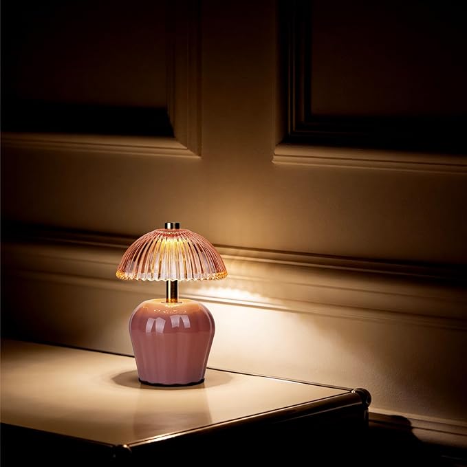 MJ PREMIER Small Cordless Lamp, Battery Operated Lamp with Timer, Mini Crystal Glass Mushroom Lampshade, Cute Small Table Lamps, Decorative Led Light for Bedroom Living Room Shelf (Pink)