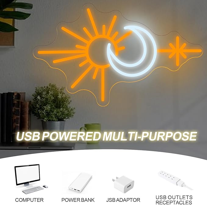 Sun and Moon Neon Sign, Boho Celestial LED Wall Light for Bedroom or Living Room, Spiritual Decor for Women and Teens, Nature-Inspired Neon Wall Art Gift