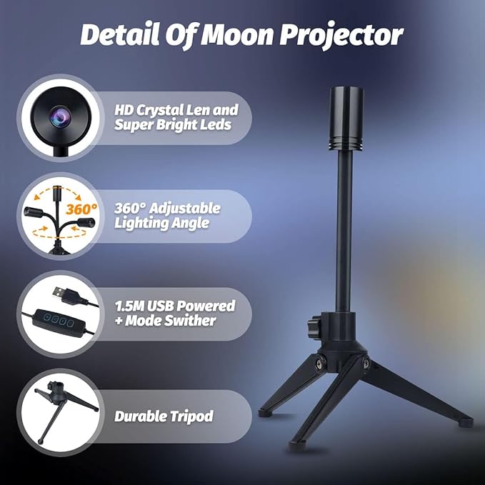 Upgrade Non-Fade Moon Projector Night Light, USB Charging Moon Lamp with 3 Lighting Colors, Angle Bendable Brightness Adjustable Moon Atmosphere Projector, Gift for Kids Wall Ceiling Decor