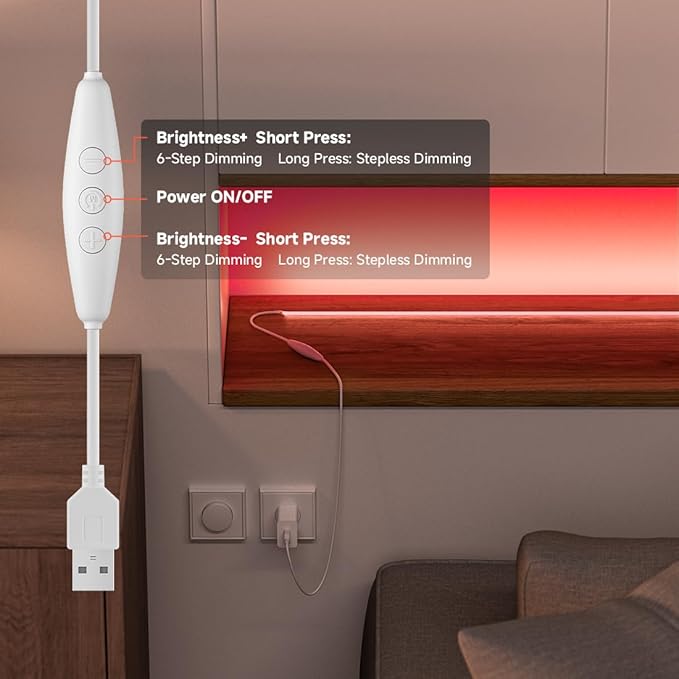 5V COB Red Led Strip Light 6.56FT USB Powered CRI90+ LED Tape Lights with Dimmer, 8mm Width Dimmable High Density Flexible Strips for TV Under Cabinet Bedroom