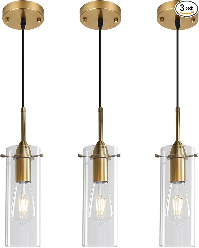 Gold Pendant Lights Kitchen Island 3 Packs, Blown Glass Pendant Light, Modern Glass Kitchen Pendant Light, Hanging Pendant Lights, Island Pendant Lights for Kitchen, Dining Living Bathroom