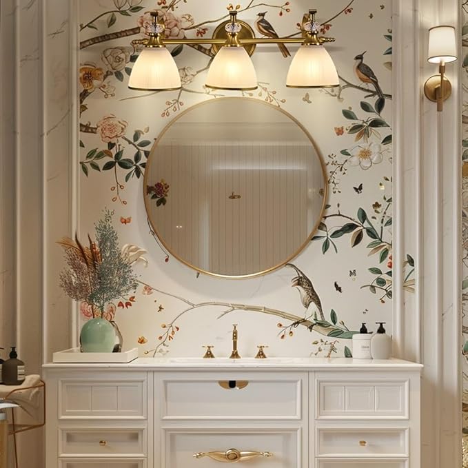 ANDY STAR Bathroom Light Fixture, 3-light Brass Vanity Light, Vintage Bathroom Lights Over Mirror with Crystal Beads, Wall Sconce Lighting with Frosted Milky Glass Shade, E26 Base (Bulbs Not Included)