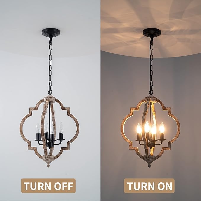 16.14" 4-Light Farmhouse Wood Chandelier, Rustic Orb Pendant Lighting Fixture with Adjustable Chain, Vintage Ceiling Hanging Lights for Foyer Entryway Dining Room Kitchen Island, Handmade Oak Finish