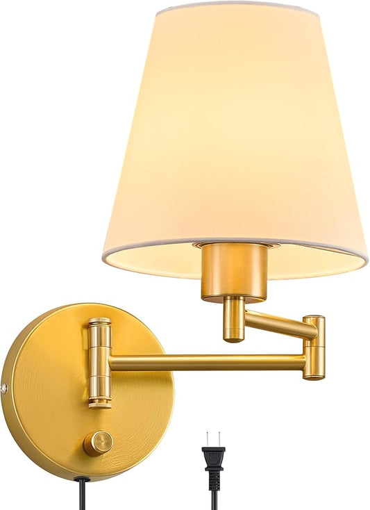 VONLUCE Swing Arm Wall Lamp, Plug in & Hardwired Wall Sconce, Adjustable Wall Mounted Lighting Fixture, Modern Wall Light with Golden Base White Fabric Shade for Bedside, Hallway, Reading
