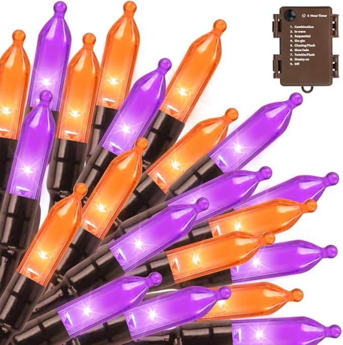 LAMPHOME 50 LED Outdoor Halloween Lights, 16 FT Mini String Light with 9 Modes & 6 Hour Timer, Waterproof Battery Operated for Indoor Outdoor Patio Garden Party Tree Decoration, Orange Purple