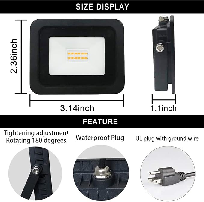 MIWAT 2Pack 10W Plug in LED Flood Light, Warm White LED Work Light, IP68 Waterproof Outdoor Floodlights for Terraces, Studios, Pathway