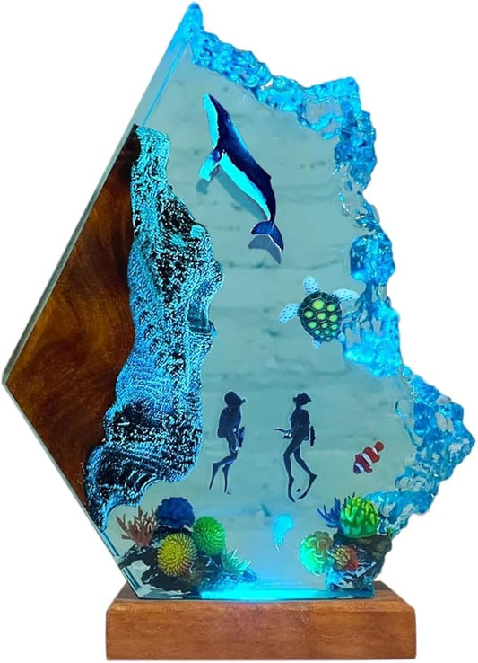 Humpback Whale Ocean Resin Lamp, Handmade Table Relaxing Mood Lamp with USB Port, Art Ornaments for Home Office Decor, Scuba Diver Gift for Birthday Holiday, Valentine's Day Gifts for Husband