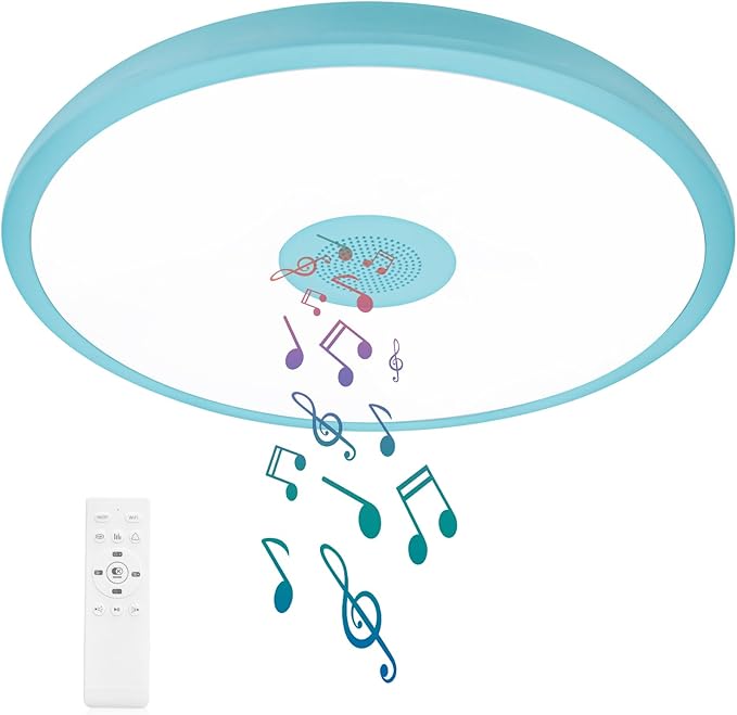Sky Blue Waterproof LED Ceiling Light Fixture,Music Ceiling Lamp,with Bluetooth Speaker,11Inch 18W, 2700K-6500K Dimmable RGB Color Changing Light with Remote Control,Suitable for Boys' Room