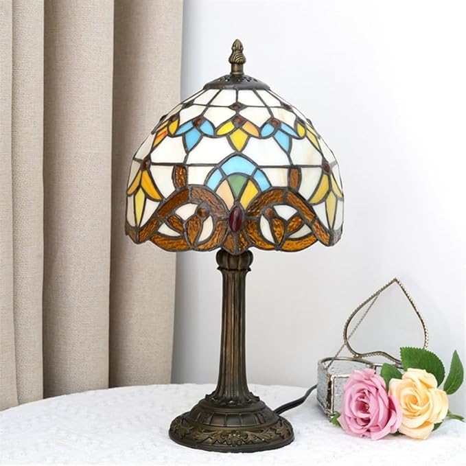 Tiffany Table 8 Inch Small Stained Glass Table Lamp Retro Baroque Reading Light, Suitable For Bedrooms Living Rooms Offices Study Rooms Tiffany Style Retro Home Decoration Crafts (Yellow, Brown)