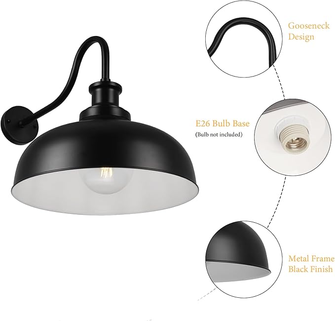 Outdoor Gooseneck Barn Light,16 Inch Dome Outdoor Wall Sconce Farmhouse Exterior Wall Mount Light Vintage Wall Lighting Fixture Industrial Black Wall Lantern for Porch, Entryway, Garage, 3 Pack