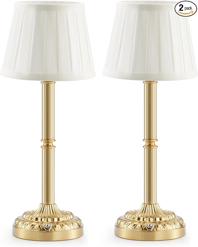 Rechargeable Cordless Table Lamps Set of 2 with Fabric Shade – Small Battery Operated Lamp, 3-Way Touch Dimmer, Portable Wireless Lighting for Restaurant Dining Bedside Kitchen Living Room Patio