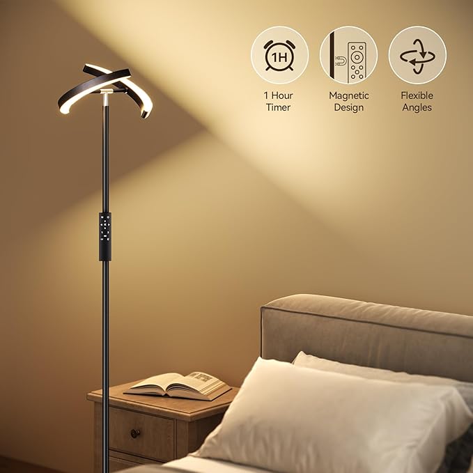SUNMORY Floor Lamps for Living Room, 28W Bright LED Floor Lamp with 2 Rotatable Lights & Remote Control, 74" Dimmable Tall Standing Lamp, Modern Reading Torchiere Corner Lamp for Bedroom Office, Black