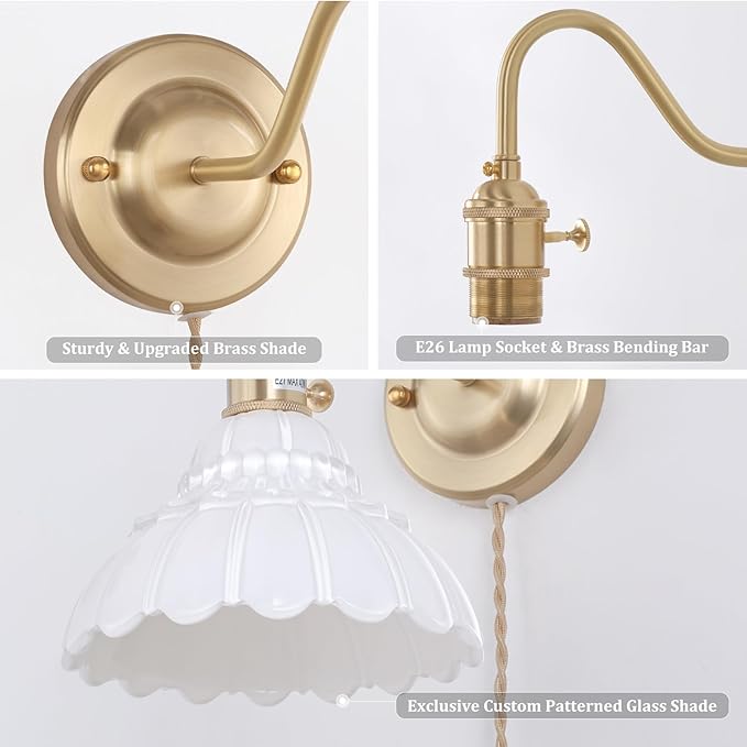 Plug in Wall Sconce Set of 2, Gold Vintage Wall Decor Lights with White Lily Glass Shade, Indoor Brass Corded Wall Lamp Fixture for Bedroom Living Room Bathroom Hallway